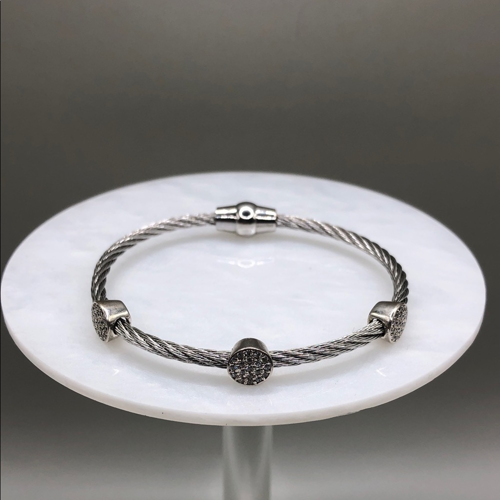 Sterling silver 925 twisted rope CZ stations bracelet sz 6.5 makers mark